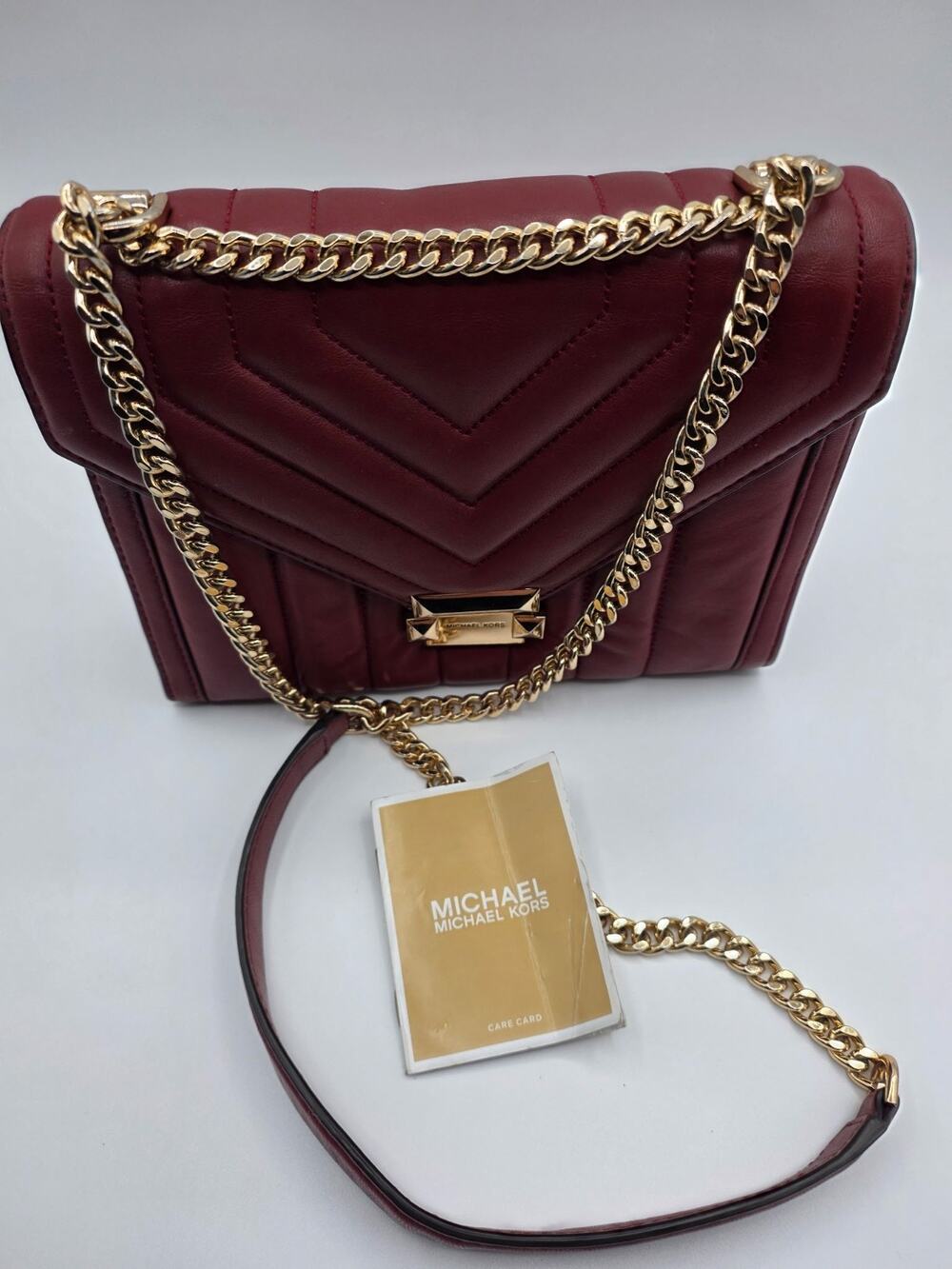Michael Kors Quilted Leather Shoulder Crossbody Bag Burgundy Gold Chain